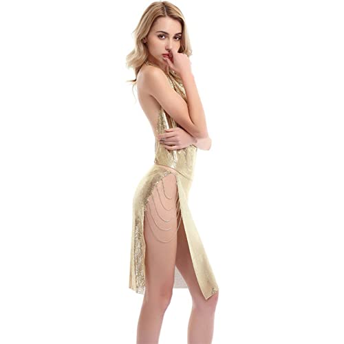 FFYUEEE Falda De Metal, Traje De Falda De Lentejuelas, Falda Halter, Fiesta, Cóctel De Cóctel,Oro,M