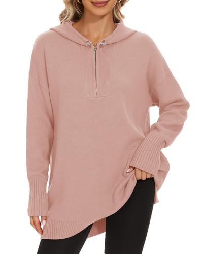 Image of Women's Hooded Sweater Loose Half Zip Drawstring Pullover Sweatshirt Top Casual Long Sleeve Side Slit Knit Hoodie