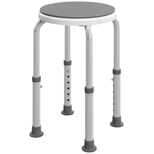 HOMCOM Tabouret de Douche siège de Tabouret de Bain Hauteur réglable 35,5-48,5 cm pivotant à 360° Chaise de Douche en Aluminium et Pied à Caoutchouc TPR...