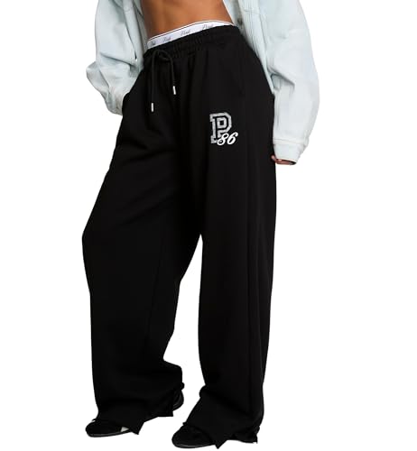 Victorias Secret Pink Womens Campus Fleece Wide-Leg Sweatpants, Pure Black, (S)