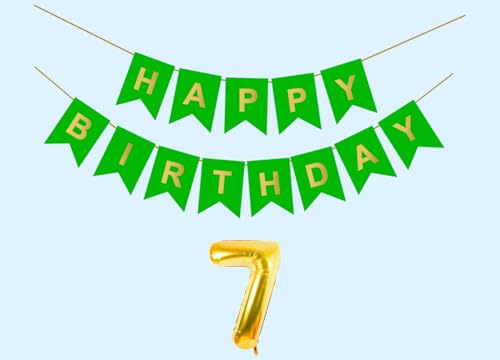 Image of 7th Happy Birthday Decoration Kit Green for 7 year Old Boys Girls Kids with Number Seven Party Decorations Decor Celebration Items Item Set Combo Reusable Paper Banner