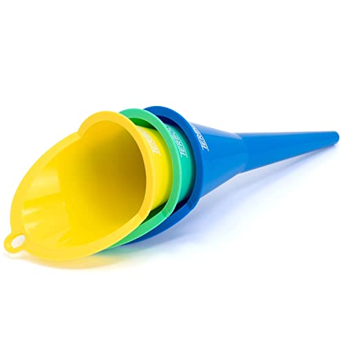 Terbold Oil Funnel 3-Pack | 11" Long Nesting Plastic Funnels For Automotive Use, Oil Change, Gas, Car Transmission, Kitchen Use, Filling Small Bottles #TOP5
