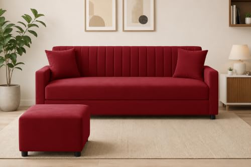 Image of 3 Seater Wooden Sofa Set with Ottoman for Living Room | Premium Velvet Fabric Wooden Frame | Modern Design | Comfortable Cushioned Sofafor Home, Office & Lounge | Red
