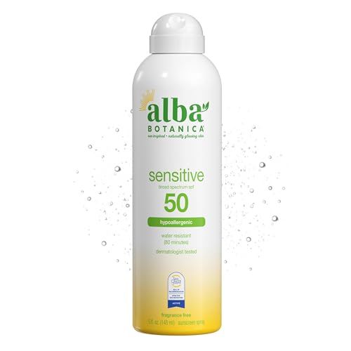 Alba Botanica Sensitive Sunscreen Spray for Face and Body, Fragrance-Free, Broad Spectrum SPF 50,...
