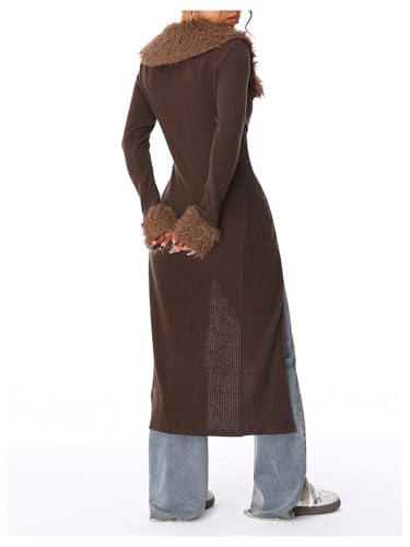 MakeMeChic Women's Contrast Faux Fur Long Sleeve Sweater Tie Front Rib Knitted Long Cardigan2