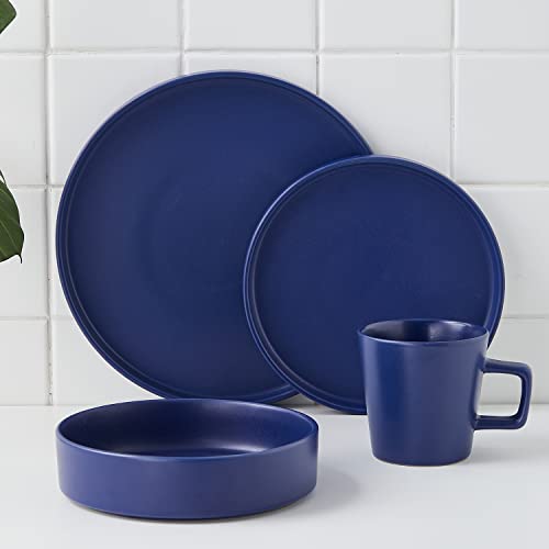 Image of Stone Lain Cleo Stoneware 16-Piece Modern Dinnerware Set, Plates and Bowls, Blue, Service for 4, Microwave & Dishwasher Safe