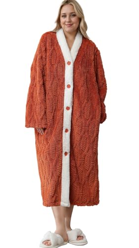 Soojun Women's V-Neck Soft Button Up Housecoats Plush Robes with Pockets