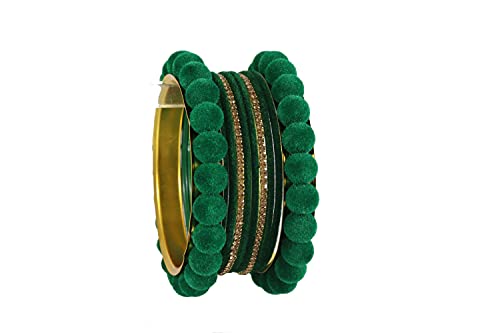 Image of NMII Stylish Metal with Golden Zircon Stone & Velvet Balls Bangles Set For Women and Girls | Fancy Designer Bangles | Short Velvet Chuda Set | Women's Fashion Jewellery
