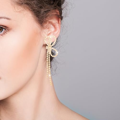 Gold Rhinestone Bow Tassel Dangle Earrings Bow Ribbon Dangle Earrings Sparkly Earrings Statement Fringe Earrings Wedding Guest Cute Jewelry For Women Prom Birthday Party Jewelry3
