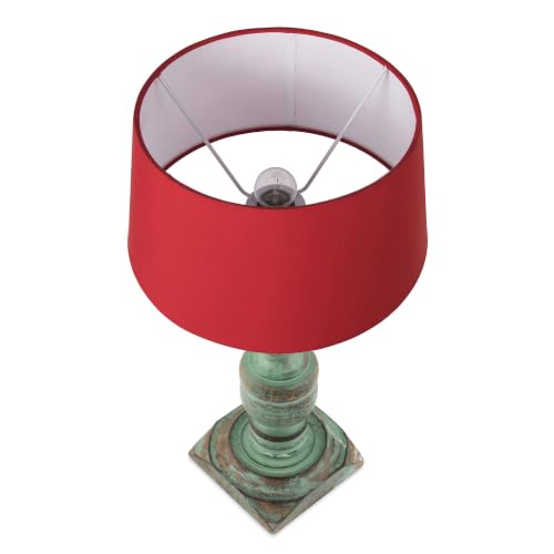 Image of Homesake Handcrafted Wooden Table Lamp for Living Room & Bedroom | Bedside Table Lamp with Fabric Shade|Included Bulb|Rustic Algae French Trophy Wood, Decorative Night Lamp for Home Decor, Red