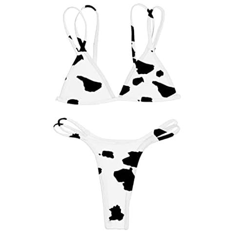 Remidoo Women's Sexy Color Block High Cut Triangle Thong Bikini Set 2 Piece Swimsuits, Cow Black White, Large Cover