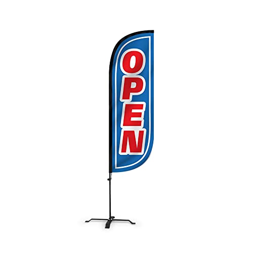 Image of LookOurWay Feather Flag Set - 5ft Tall Advertising Banner Flag with Pole Kit and X-Stand for Business Promotion - Open Blue /Red