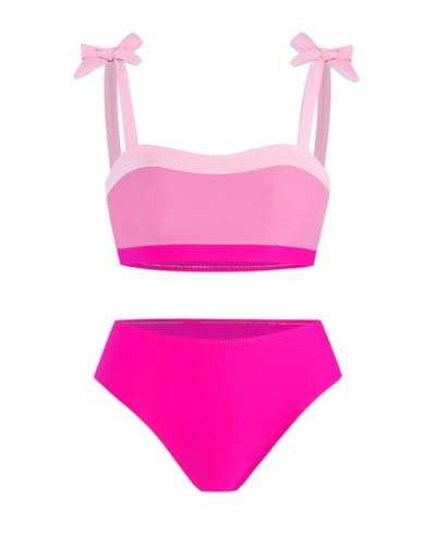Xumplo Girls Swimming Costume Kids 2-Piece Bikinis Set Teens Stripe Bathing Suit Color Block Swimwear 9-10 Years (Pink)