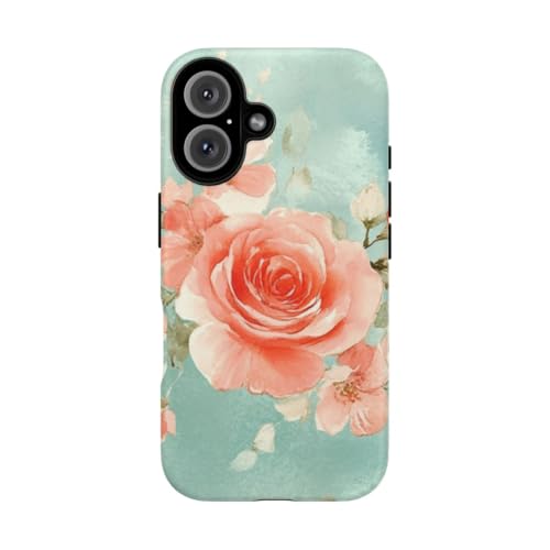 Coque rigide iPhone 16 roses aquarelle fond turquoise mat