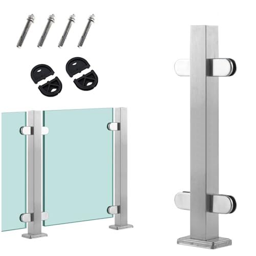 Glasgeländer Pfosten Geländer Gartenzaun Glas Terrassengeländer System Clamp, Treppe Handlauf Geländerpfosten mit Glasklemme & Gummis, Silberner quadratischer Glas-Treppengeländerpfosten ( Color : Mid