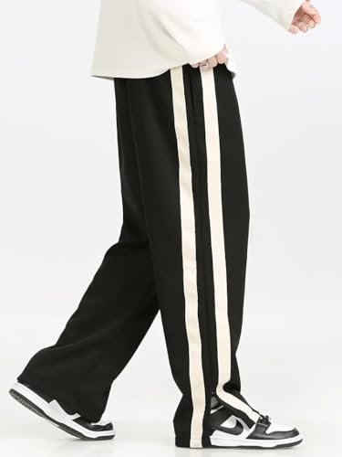 Image of GRECIILOOKS Men Casual Trouser | Men's Wide Leg Track Pants with Contrast Side Panel | Relaxed Drawstring Fit Streetwear Trousers | Loose Fit Joggers for Man