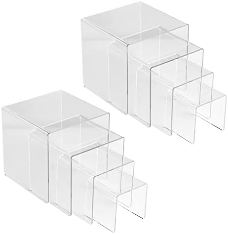 Anglelife 8 Pcs Acrylic Display Risers, 2 Set Widen Clear Square Tabletop Display Riser Shelf for Amiibo Funko POP Figures, Cupcake Risers Stand for Decoration and Organizer