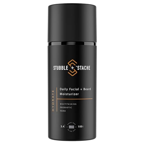 stubble & stache Beard & Face Moisturizer for Men - Hydrating Lotion with Hyaluronic Acid, Niacinamide, Argan Oil, Aloe Vera, Jojoba Oil, & Vitamin A for Dry Skin & Beard Conditioning - 3.4 fl oz