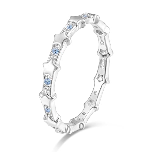 TIGRADE 925 Sterling Silver Full Star Engagement Ring Blue Cubic Zirconia Eternity Wedding Band for Women Size 3 to 11 (Size 9)