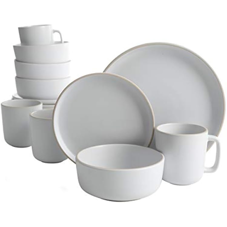 Gibson Home Zuma 16 Piece Round Kitchen Dinnerware Set, Dishes, Plates, Bowls, Mugs, Service for 4, Matte Stoneware, White