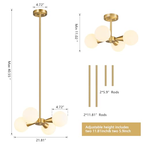 Image of Mid Century Modern Ceiling Light with Milk White Glass lampshade Gold Semi Flush Mount Ceiling Light Fixture Sputnik Chandelier for Bedroom Living Room Dining Room Foyer Hallway(4-Lights)