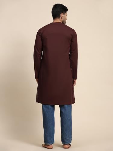 Image of Amazon Brand - Anarva Men's Cotton Solid Round Neck Kurta Long Sleeves Straight Knee Length Casual Shirt