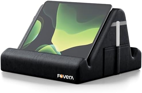 FOVERA Tablet Pillow Stand | Soft Multi-Angle Lap Stand for 7-13โ Tablets & Phones | Hands-Free Tablet Stand for Bed, Sofa & Travel | Lightweight, Portable with Side Pockets (Black)