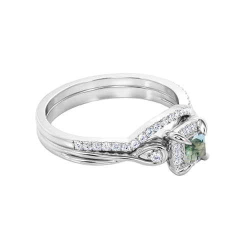 Natural Moss Agate Wedding Ring Set for Women 925 Sterling Silver 10K 14K 18K Gold Bridal Ring Set with 1CT Princess Cut Moss Agate Halo Engagement Ring Set for Women3