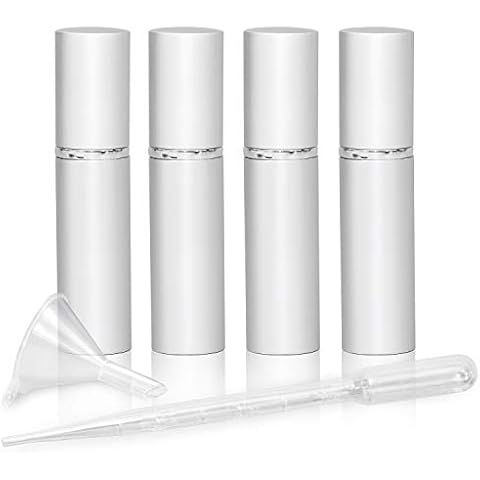 L'AUTRE PEAU Refillable Perfume & Cologne Fine Mist Atomizers with Metallic Exterior & Glass Interior - Portable Travel Size - 3ml Squeeze Transfer Pipette Included - 4 Pc Pack of 5ml (Silver) Cover