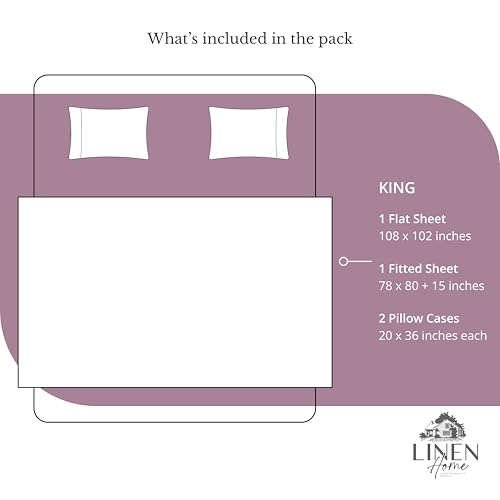 Image of Linen Home 100% Cotton Percale Sheets King Size, Damson Berry, Deep Pocket, 4 Pieces Set - 1 Flat, 1 Deep Pocket Fitted Sheet and 2 Pillowcases, Crisp Cool and Strong Bed Linen
