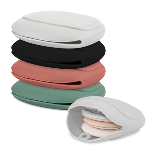 Silicone Cotton Round Holder Cosmetic Cotton Pad Holder Multiple Colors Portable Travel and Sealed Suitable for Makeup Remover Balls 4 Pack (Green Gray Red Black)