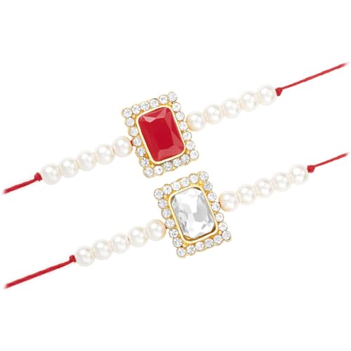 Image of Peora Rakhshabandhan Thread Rakhi for Brother Bhaiya | Kundan Beads & Crystal Studded | Combo Set of 2 | Rakhi Hamper Roli Chawal & Greeting Card