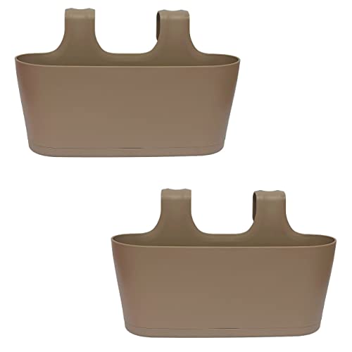 Engelland 2 x Blumenkasten zum Auf-Hängen, Farbe: Braun, Blumentopf, oval, Balkon, Übertopf, Pflanzkasten, mit Wasserspeicher/Wasserauffangschale