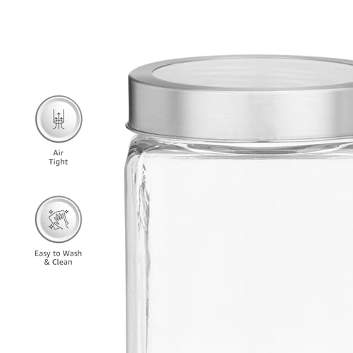 Image of CROCO JAR Square Glass Storage Containers 2250ml | Transparent Airtight Kitchen Jars with Steel Lid | Cubical Glass Jars for Pantry, Snacks, Dry Fruits, Masala, Pickle & Coffee Beans | Pack of 4