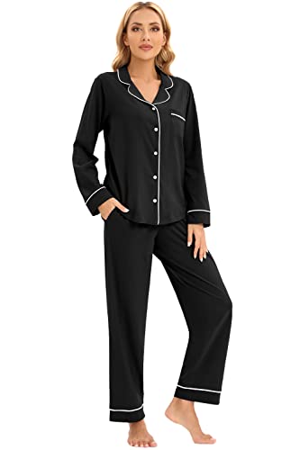 Lubot Women's Pajamas Set Cotton Pj Set For Women Long Sleeve Button-Down Shirt Pj Pants Two-Piece Set Warm Night Suit Sleepwear Loungewear (Black, M) #TOP2