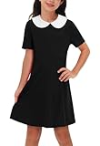 Remimi Girls Black Dress Peter Pan Collar Dress Short Sleeve T-Shirt Dress 9-10 Years