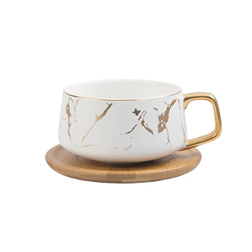Unique Ceramic Tea Cups and Wooden Saucers Set - Unique Design, Perfect Mugs for Black Tea, Green Tea, White Tea, Coffee, Latte - Elegant and Modern design (White)