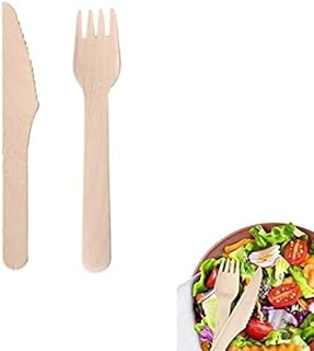 MAQA 20 pz Set posate in legno di betulla, Posate biodegradabili e compostabili, Forchetta e coltello imbustato singolarmente con tovagliolo