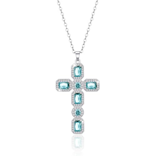Linawe Collier en forme de croix, chaîne en argent pour femmes, diamant bleu aigue-marine, pierre de naissance, pierre de naissance, collier, cristal, pendentif