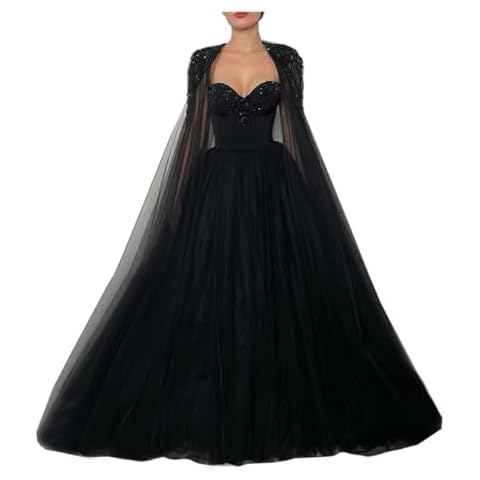Mouccy Gorgeous Beaded Black Wedding Dresses for Bride 2025 Tulle Crystal Bridal Gowns with Train Long Wedding Ball Gown with Cape Size 10 Cover