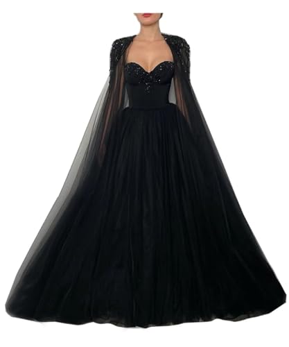 Mouccy Gorgeous Beaded Black Wedding Dresses with Cape Strapless Wedding Gowns for Bride Long Pearly Tulle Bridal Gowns