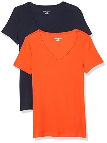 Amazon Essentials Women's 2-Pack Slim-Fit Short-Sleeve V-Neck T-Shirt, Dark Orange/Navy, Medium