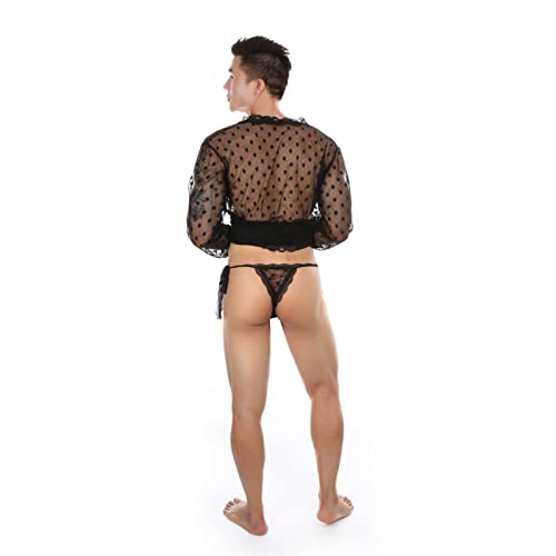 Men Long Sleeve Lace Bathrobes Nightwear Mesh Fishnet Kimono Robes G-String Thong Sleepwear Pajama Set (Black,Xx-Large) #TOP2
