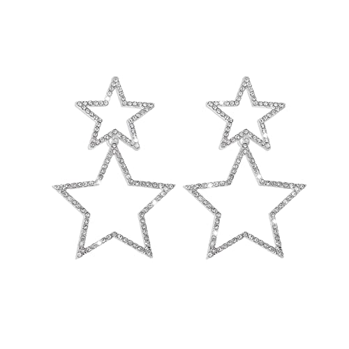 Star Earrings for Women Sparkle Silver Star Drop Earrings Rhinestone Big Star Dangle Earrings Hollow Star Dangling Earrings Long Double Star Stud Earrings Jewelry Lightweight Festival Christmas Birthday Party Jewelry Dainty Gifts for Friends (Silver double star)