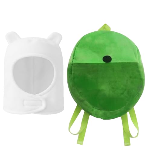 xutengy Conjunto de fantasia de chapéu branco e mochila verde, kit de acessórios de cosplay de personagem de anime para festa de Halloween, gorro de pelúcia e bolsa de aventura para homens e mulheres