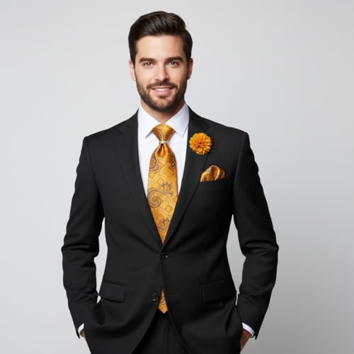 Image of 5PCS Mens Silk Designer Tie, Pocket Square, Cufflinks, Drilled Tie Ring and Lapel Pin Set for Wedding Groom Party