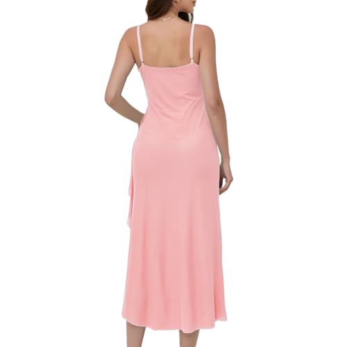 Image of Women's Spaghetti Strap Ruffle Side Split Long Dress Bodycon Beach Maxi Dresses