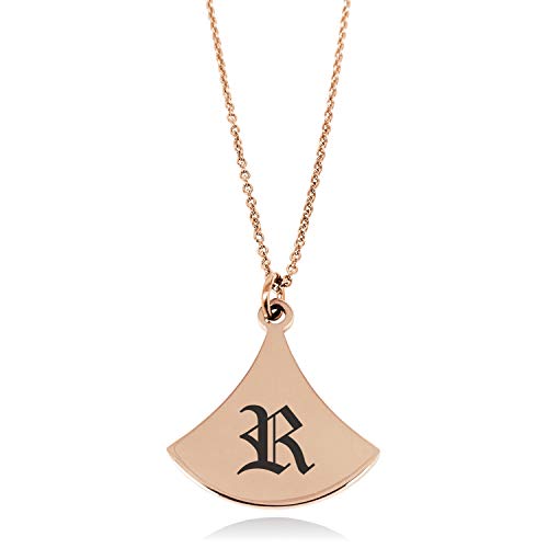 Rose Gold Plated Stainless Steel Letter R Initial Old English Monogram Pendulum Curved Triangle Charm Pendant Necklace
