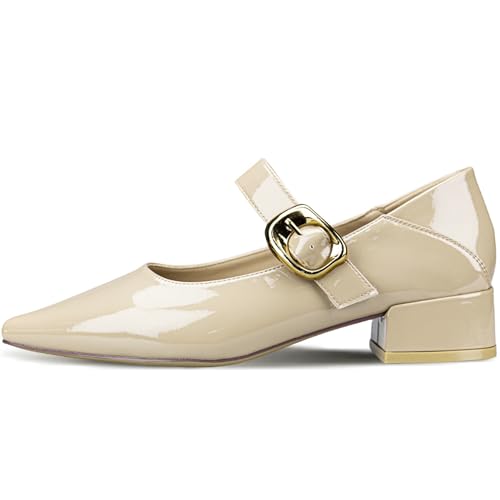 Women's Patent Leather Mary Jane Flats, Pointed Toe, White with Gold Buckle, Low Block Heel