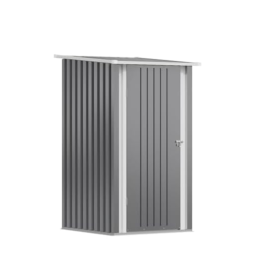 Devoko Casetta per attrezzi in metallo, 96 x 98 x 160 cm, con tetto spiovente, forte e antiruggine, con guanti da lavoro, porta girevole bloccabile, piccola casetta da giardino in acciaio per cortile